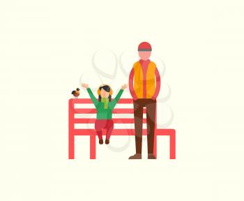 Man and child spending time together in fall park vector. Relaxation of family, father and daughter with bird sitting on wooden bench. Happy people