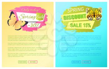 Spring discount sale 15 off emblems set on online web pages, butterflies of yellow color with black dots, butterfly springtime vector promo stickers