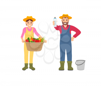 Woman and man with products set of isolated icons vector. Farmer with bucket and milk in package, lady with basket and vegetables veggies harvest