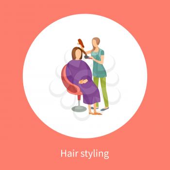Hair styling changes and new style of lady sitting in chair vector poster in circle isolated icon. Woman hair stylist using dryer making client haircut
