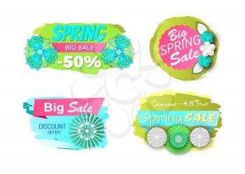 Shop clearance labels isolated vector icons. Springtime blooming flowers, big sale offer, discounts 50 and 45 percent off on brush strokes, advertisement cards