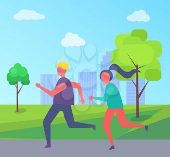 Young runners jogging in park on background of buildings and green trees. Man and woman joggers running together, happy couple outdoors vector illustration