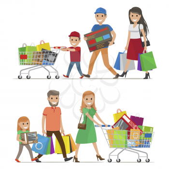 Family making holiday purchases. Pleased parents with daughter and son walking with bought goods in trolley and bags isolated vectors set. Happy customers illustration for shopping and sale concepts