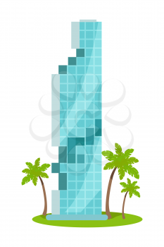 High-rise city building flat vector. Modern skyscraper with palms illustration isolated on white background. Futuristic hotel in tropical country concept for travel company ad