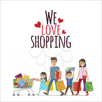 Family making holiday purchases. Pleased parents with daughter and son walking with bought goods in trolley and bags isolated flat vector. Happy customers, we love shopping and sale concepts