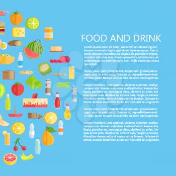 Food and drinks banner with dairy products and healthy organic fruits and vegetables vector illustration on blue background with text