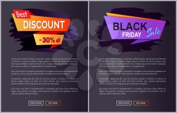 Black Friday sale and discount web pages showing information placed below images, buttons at bottom of them vector illustration isolated on dark