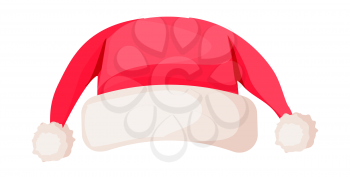 Santa Claus hat with two ends on top isolated on white. Winter fur woolen cap with pompoms. Father Christmas hat flat icon winter unisex snowboard accessory in cartoon style vector illustration