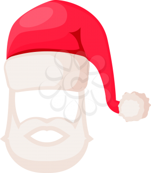Santa Claus hat with beard and moustaches isolated on white. Winter fur woolen cap with artificial man beard. Father Christmas hat for masquerade. Flat icon winter accessory in cartoon style vector