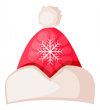Santa Claus hat with snowflake in center isolated on white. Winter fur woolen cap with pompom Father Christmas hat unisex headwear. Flat icon winter accessory in cartoon style vector illustration