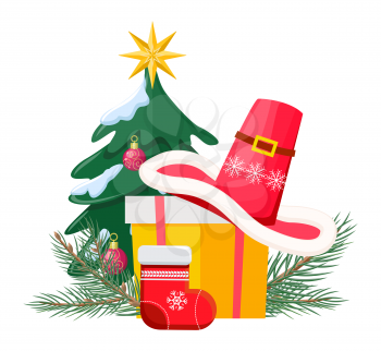 Santa Claus hat lying on yellow gift bow with red ribbon near red xmas sock and decorated evergreen tree with snow on white. Vector illustration set with cartoon Christmas stuff in flat design