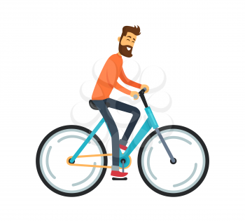 Happy smiling man with beard in orange sweater and jeans riding blue bike. Vector illustration of male traveler isolated on white background