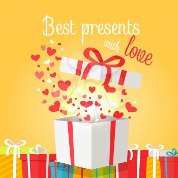 Postcard of best presents with love on yellow background. Vector illustration of colourful boxes with beautiful bows for children s gifts. Explosion of tiny confetti in box decorated with red ribbon