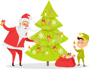 Christmas tree decor web banner. Vector illustration of Santa Claus and gnome decorating bog Christmas tree with sweet candies, toy candles and white snowflakes in cartoon style holiday concept