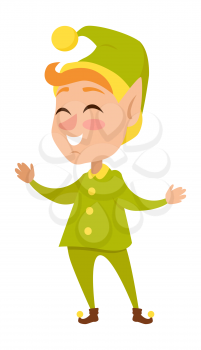 Isolated cartoon Christmas elf with red hair in green costume with yellow buttons and hat with ball on white. Vector illustration of smiling little gnome with closed eyes. Joyful New Year character.
