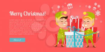 Merry Christmas vector illustration of smiling xmas elves in green costumes standing near colourful gift boxes pack presents in cartoon style. Flat design web banner of happy winter holidays.