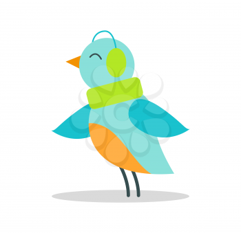 Bird with blue plumage in warm earpieces stands on thin legs isolated and listen to music vector illustration on white. Christmas animal in headgear.