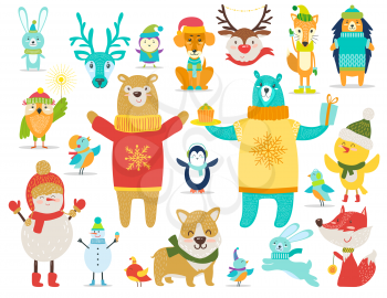 Collection of animals and snowmen, all of them are dressed in sweaters and warm knitted hats, bear stands with cake and present on vector illustration