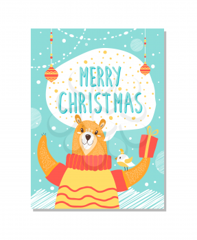 Merry Christmas, image representing bear with present in its paw, bird and title and balls with snowflakes and dots on poster vector illustration