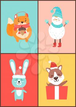 Animals collection of cards, squirrel wearing warm clothes with acorn, snowman with hat, rabbit with scarf and puppy in red box on vector illustration