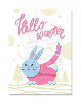 Hello winter postcard with rabbit in pink sweater with scarf on background of snowflakes, abstract snowballs vector illustration poster greeting card