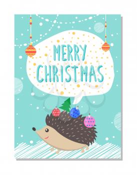 Merry Christmas wishes from cute hedgehog decorated by New year balls and tree on background of winter landscape vector illustration isolated animal