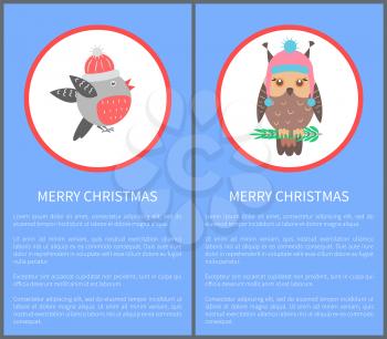 Merry Christmas 60s or 70s postcard congrats with beautiful bullfinch in warm winter hat and cute owl. Vector illustration with birds sitting on twig