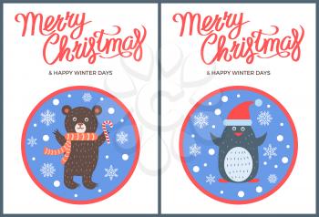 Merry Christmas and Happy winter days animal set penguin in hat, bear in scarf images with snowflakes vector illustrations in round circles snowballs
