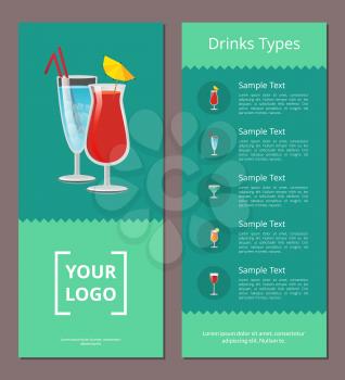 Drink types advertisement poster design with alcohol drinks with straws and lemon and menu list of beverages with place for your logo design