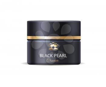 Black pearl night cream, single container with cosmetic product for womens skincare, vector illustration isolated in realistic design closeup