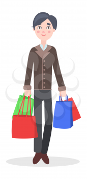 Happy young man with colorful paper bags vector illustration. Holiday shopping flat concept isolated on white background. Male cartoon character make purchases icon. Buyer with goods bought on sale