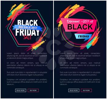 Black Friday, big sale 2017 and discount -25 off, websites that are made up of labels, buttons and text sample isolated on vector illustration