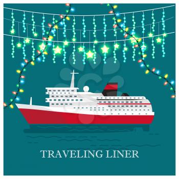 Traveling liner festival on cruise ship visualization with large vessel on water and lights with confetti vector of voyage advertisement tickets