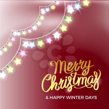 Merry christmas and happy winter days poster with star-shaped garlands, wish and title on vector illustration isolated on red blurred background