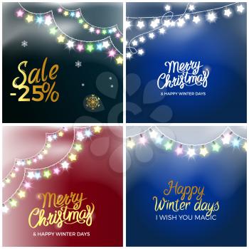 Christmas sale set of four posters with discount offers and merry winter holidays wishes. Vector illustration decorated with garlands