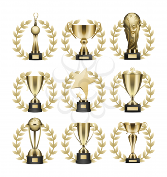 Trophy cups and statuettes icons set. Glossy golden goblets and figures with laurel wreath on stand with nameplate realistic isolated vector. Sports prize or business awards illustration collection