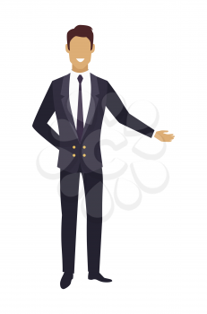 Man in expensive suit pointing on something by hand. Waiter in restaurant or door boy portier in hotel vector illustration of facelece male character