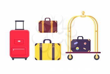 Set of icons of colorful bags, suitcases and bellman cart with luggage on it. Background of vector illustration with baggage is white