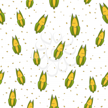 Corn cobs seamless pattern. Corn cobs in husk and grains flat vector on white background. Ripe maize cartoon illustration for wrapping paper, prints on fabric, greeting cards design