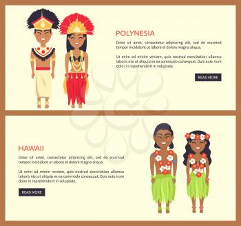 Polynesia and hawaii set of web-pages representing two nationalities with their peculiarities, text and button on vector illustration