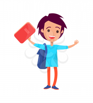 Boy with medium length hair wearing blue t-shirt and backpack holding orange hard back book in his hand isolated vector illustration on white