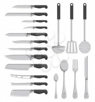 Shiny metal kitchenware icon isolated on white background. Vector illustration with collection of knives, spoons and scoops made of stainless steel