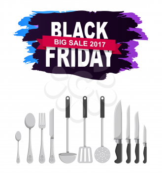 Black Friday 2017 big sale on white background. Vector illustration with collection of shiny metal knives, spoons and other stainless steel kitchenware