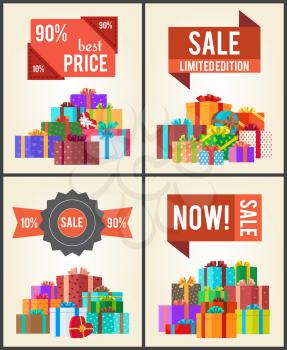 90 best price limited edition total sale shop now set of posters with advertisement labels and mountains of gift boxes vector isolated on white