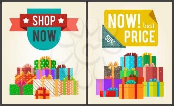 Shop now best hot price promo labels with ribbons and stars on vector banner with piles of gift boxes in festive wrapping paper isolated on white.