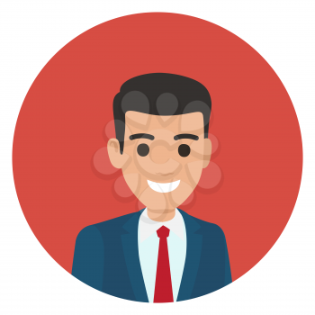 Brunette businessman in blue suit with broad smile portrait in red circle isolated vector illustration avatar userpic. Smiling office worker