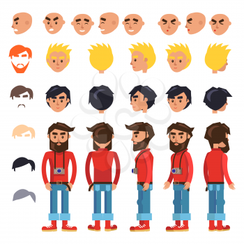 Hipster cartoon character constructor various heads, emotions, haircuts and hair colors. Bearded man in retro clothes with photo camera on neck from different sides view flat vectors isolated on white