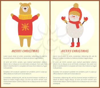 Merry Christmas, icons and text, bear wearing sweater with snowflake image and snowman dressed in scarf and red hat, isolated on vector illustration