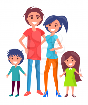 Happy family poster with mother, smiling father, two children boy and girl vector illustration in flat style isolated on white background