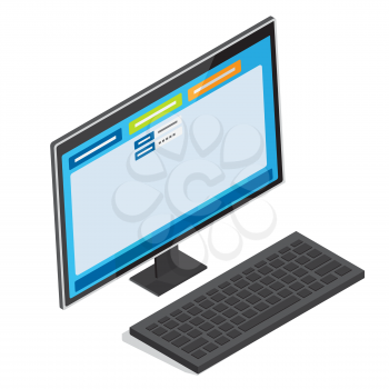 Computer keyboard near monitor with login and password fields on screen isometric projection vector isolated on white. Passing verification or online login in and sign up 3d conceptual illustration